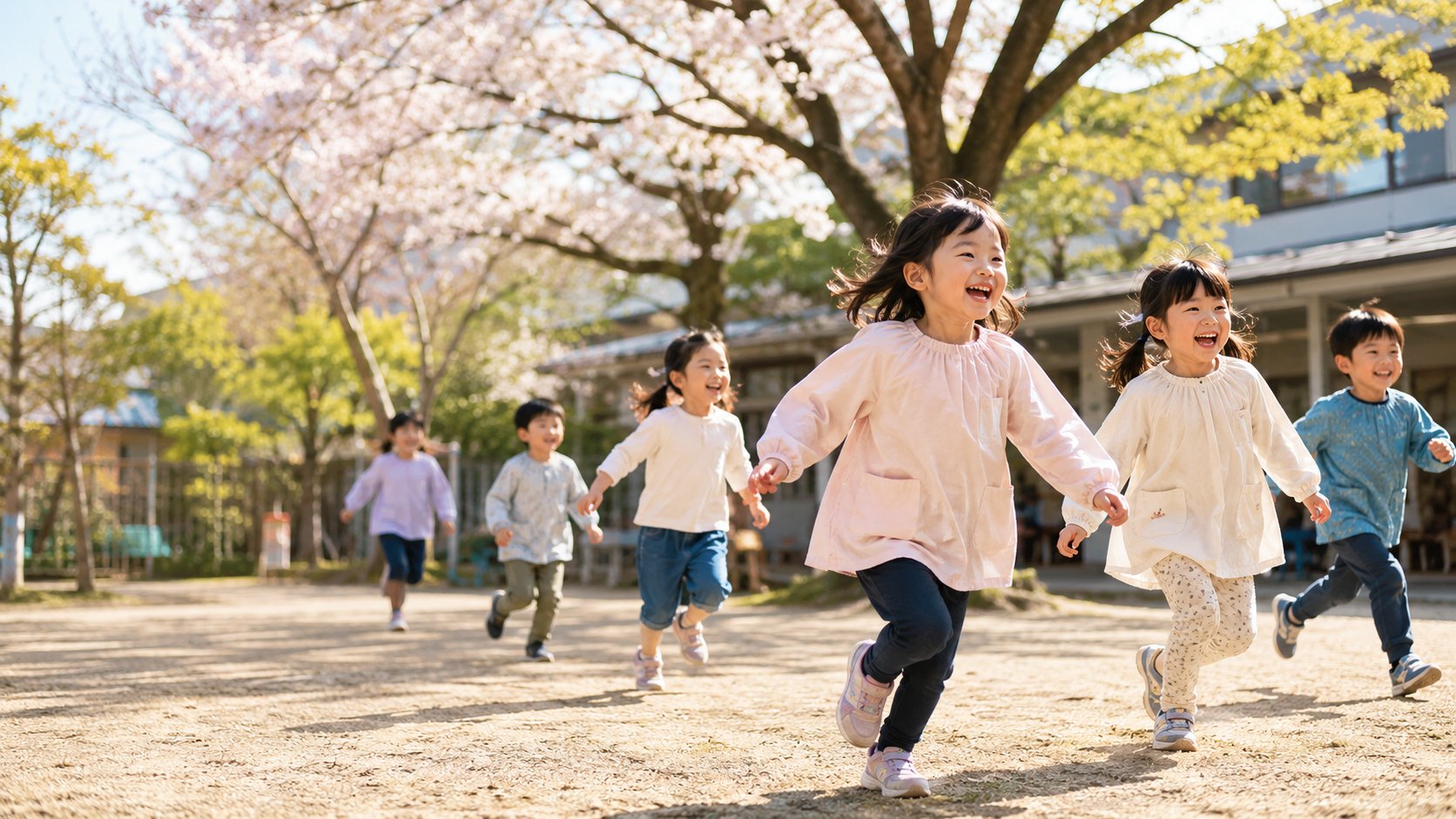 桜の木の下で楽しそうに走る園児たち